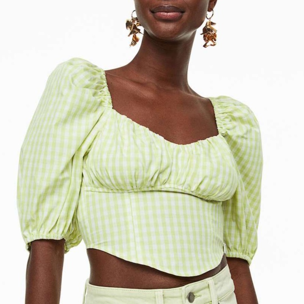H&M green gingham cropped puff sleeve top 100% cotton